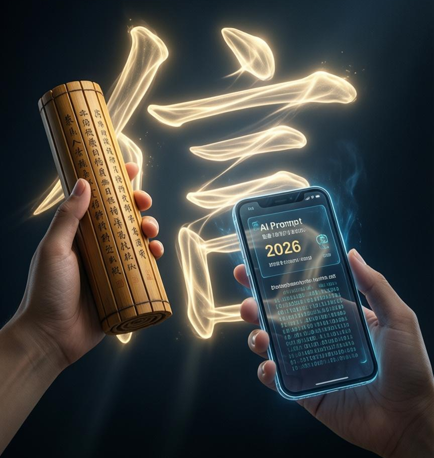 Two hands reaching out, one holding an ancient bamboo scroll and the other a smartphone with a credit score, forming the Chinese character 'Xin' for trust.